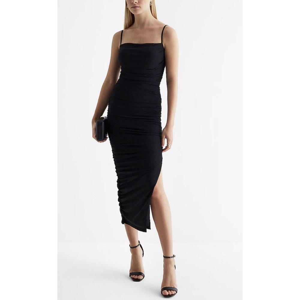 Express Women's Body Contour Mesh Ruched Midi Black Dress Club Party Small NWT